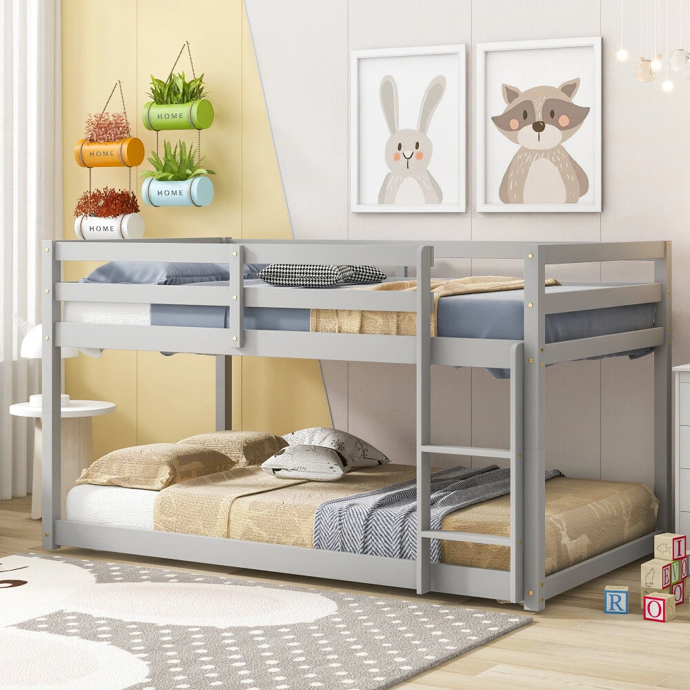Grey Wood Twin Over Twin Floor Bunk Bed Low Bunk B